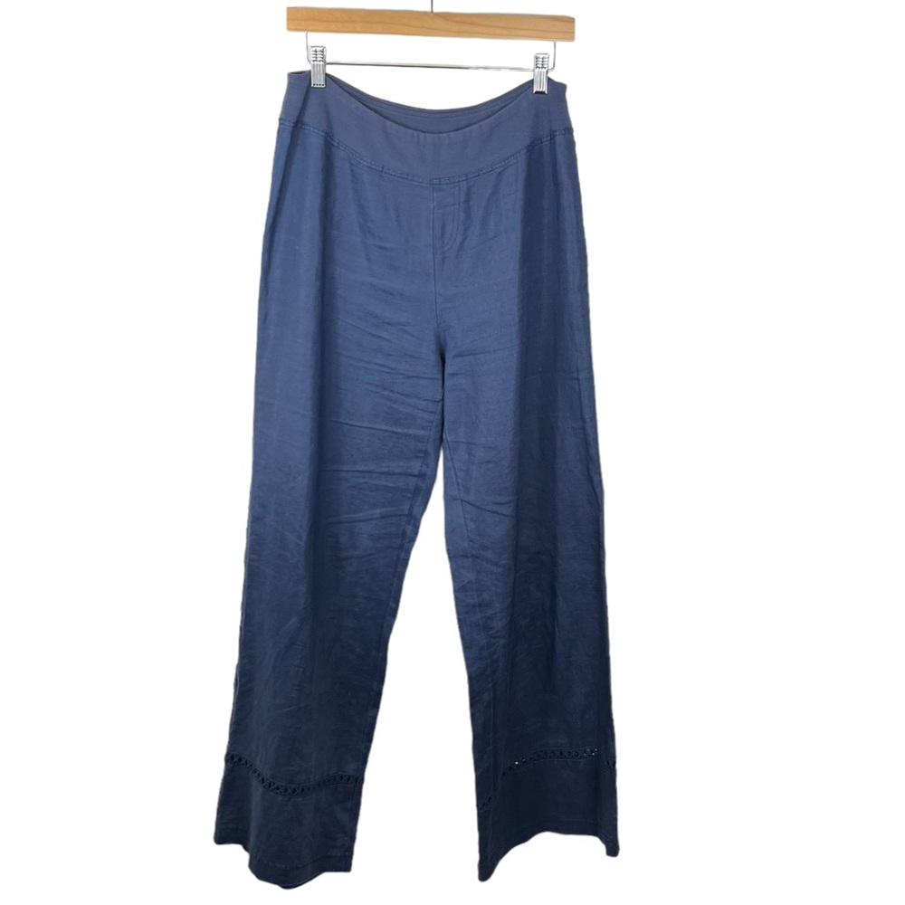 Soft Surroundings Blue Wide Straight Leg Cut out‎ Embroidered Pants Size Small